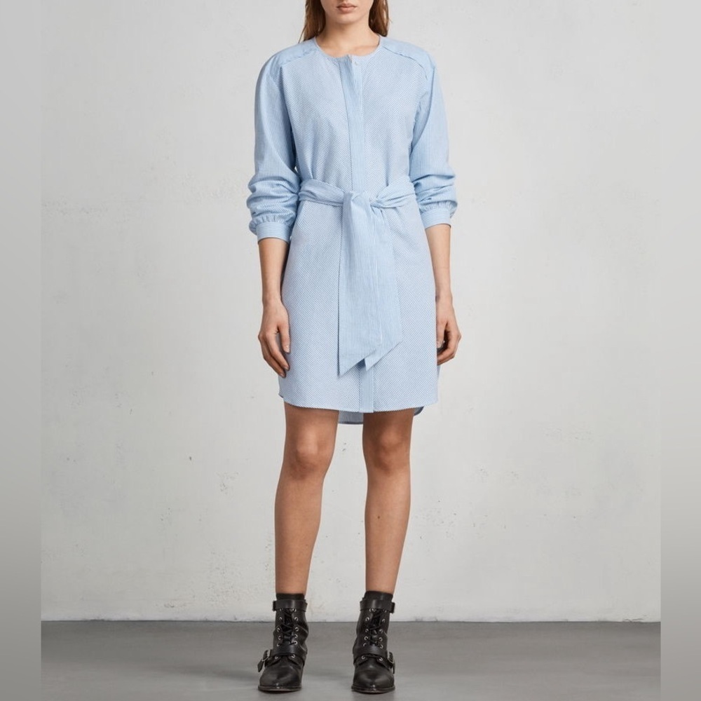 ALLSAINTS Camille Shirt Dress Blue and White Striped Seersucker Bow Tie